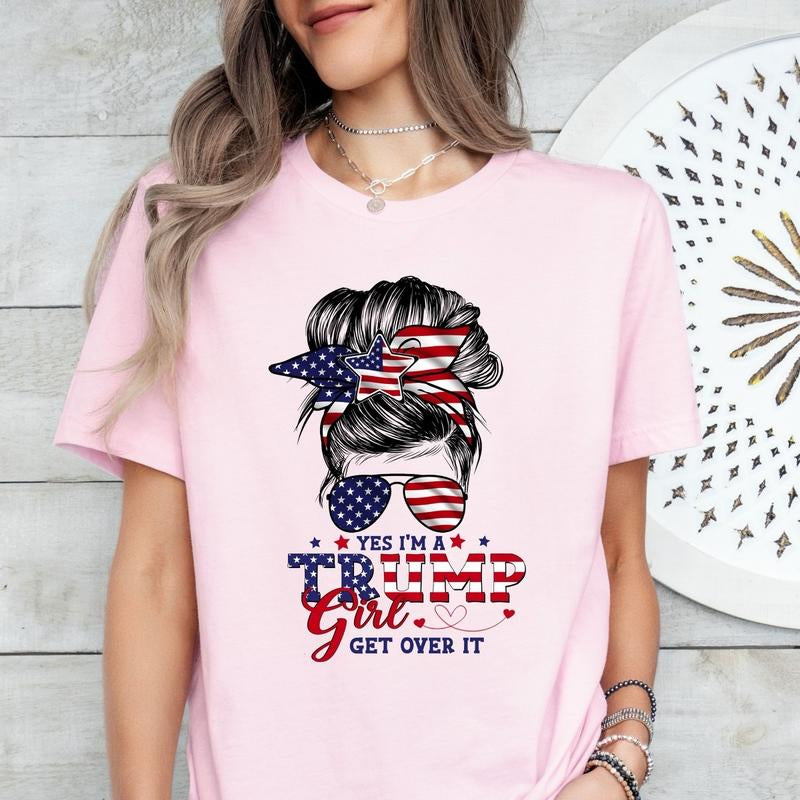 Bold & Patriotic: Trump Girl T-Shirt - Retro Vintage Winking Girl with Lollipop Graphic, Perfect Cotton Fit for Women Supporting Trump 2024